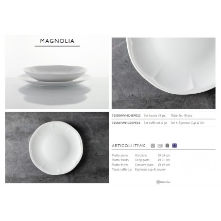 MAGNOLIA, servizio piatti in porcellana per 6 persone, 18 pezzi .