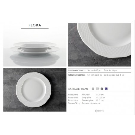 FLORA , servizio piatti in porcellana per 6 persone, 18 pezzi .
